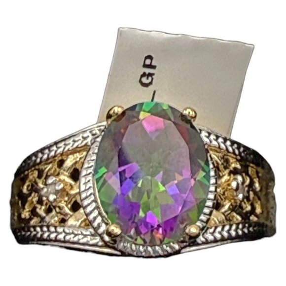 Mystic Topaz & Diamond Ring 3.25 Ct 14K Yellow Gold Over Sterling Silver Size 7 - Picture 1 of 4
